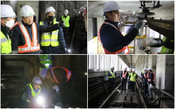 도시철도 운행이 끝난 3일 새벽, 대전교통공사 연규양 사장이 지하 터널에서 해빙기 특별 안전점검을 실시하고 있다.