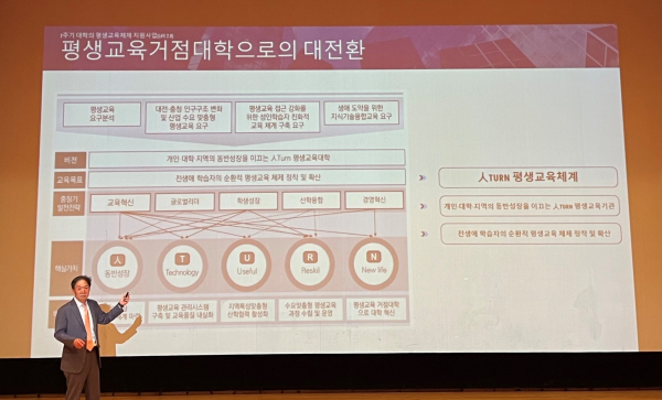 김욱 배재대 총장이 지난 26일 대학 콘서트홀에서 ‘평생교육거점대학으로의 대전환’ 체계를 교직원들에게 설명하고 있다.