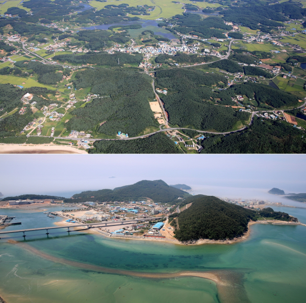 안면읍 승언리(상) 및 근흥면 신진도리(하) 항공사진.