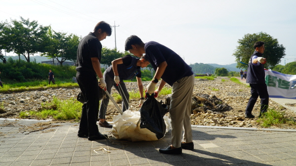 장마철 집중호우로 인한 발생한 갑천 둔치 부유물 및 쓰레기 수거 모습