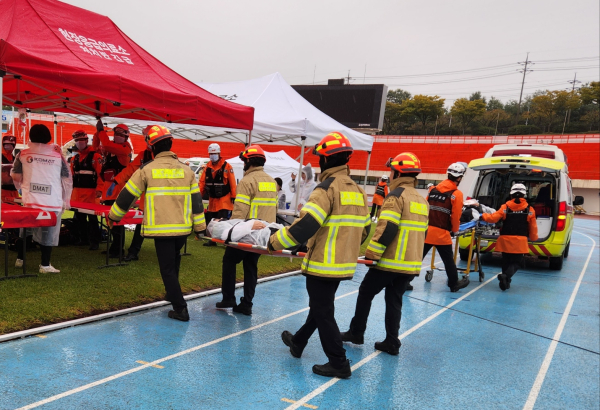 홍성군이 2023년 재난대비 사고대응 합동훈련 중이다