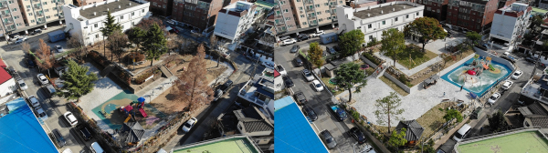 홍도동 동산어린이공원 리모델링 전(왼쪽) 후(오른쪽) 비교 모습