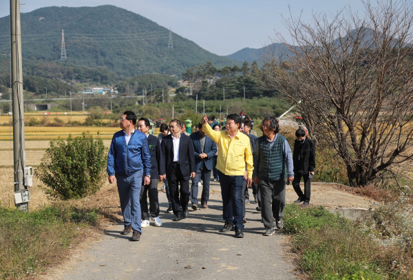 오성환 당진시장, 친환경 삼웅단지 벼 베기 시연 모습