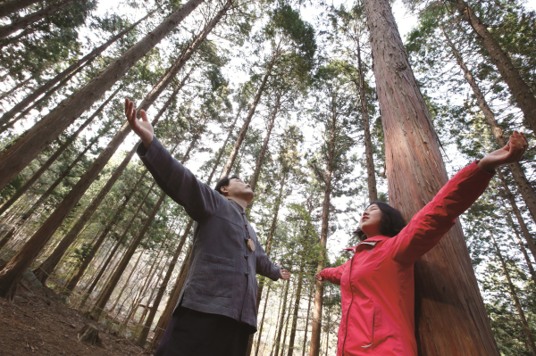 치유의 숲에서 산림치유프로그램을 즐기고 있는 모습.