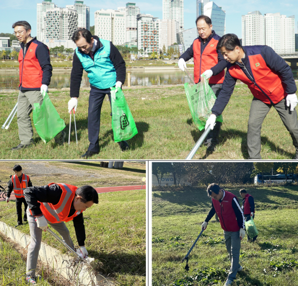 각 기관 CEO들이 직원들과 함께 구슬땀을 흘리고 있다.    (사진 상단 중앙 도시공사 정국영 사장과 교통공사 연규양 사장, 사진 왼쪽 하단 시설관리공단 이상태 이사장, 사진 오른쪽 하단 관광공사 윤성국 사장)