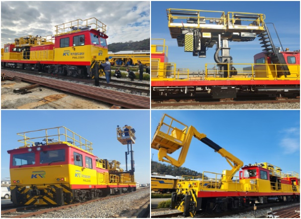 (윗줄부터 시계방향으로) 대형모터카 인수검사 시행,개별식 작업대,크레인 작업대(고소 작업대), 소형 작업대 모습