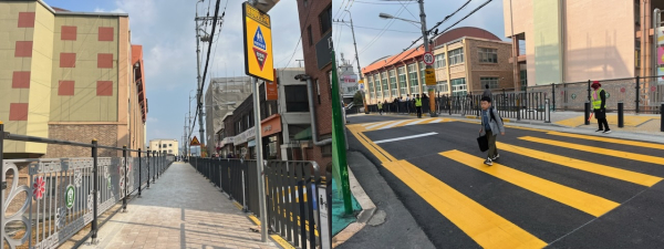 용전초등학교 통학로 확장(사진 왼쪽) 및 노란색 횡단보도 설치(사진 오른쪽) 개선 완료 모습