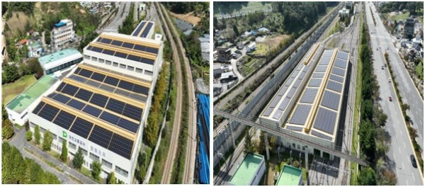 판암차량기지 건물 지붕과 주차장 부지에 태양광발전설비가 설치되어 있다.