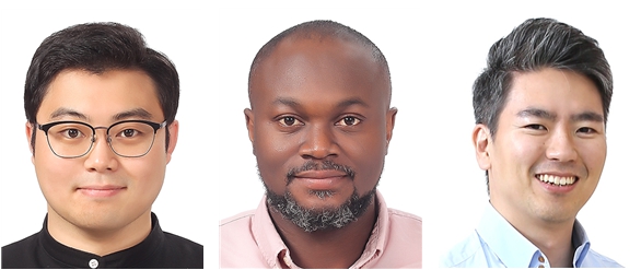(왼쪽부터) 국립한밭대학교 전자공학과 신수호 박사과정, 프린스 아노치 박사, 이경재 교수