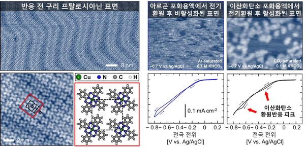 전해질 용액 안에서 직접 관찰된 구리 프탈로시아닌 유기 촉매 박막의 표면 분자 구조