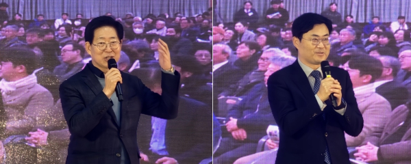 (왼쪽부터)축사를 하는 양승조 전 충남지사와 이정문 의원/사진=박동혁 기자