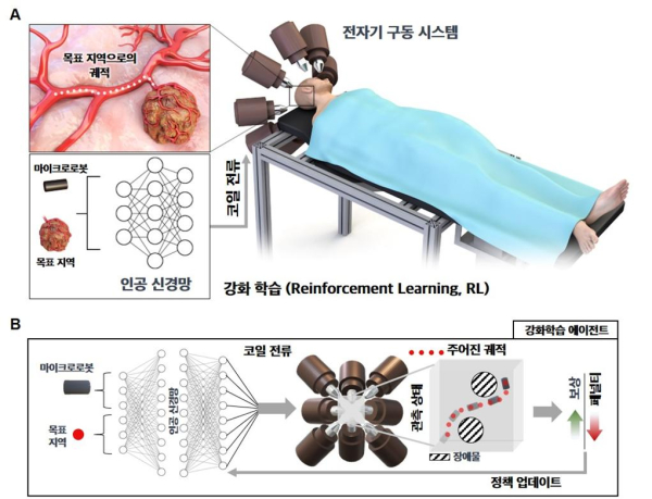 인공 신경망을 이용한 전자기 구동 시스템의 자성 마이크로로봇 제어 방법을 표현한 핵심 개념 도표 (상), 관심 영역 내에서 마이크로로봇을 목표 지역으로 제어하기 위해 전자기 구동 시스템의 코일 전류 제어 방식에 대해 강화 학습 에이전트의 학습 (하)