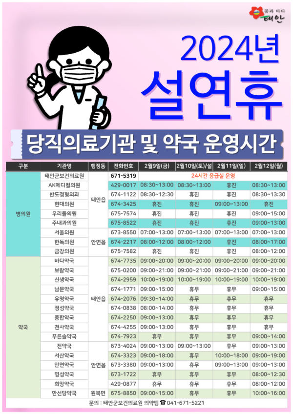 연휴기간 당직의료기관 및 약국 안내 홍보물.