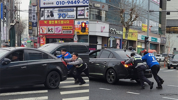 더불어민주당 유지곤 대전 서구갑 국회의원 예비후보가 15일 아침 출근인사 도중 차량고장 고령운전자를 도와 2차사고 예방에 나섰다. (사진=유 예비후보 제공)