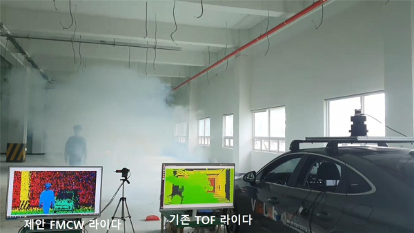 FMCW 라이다 이미지와 기존 TOF 라이다 이미지 간의 비교 시연 모습.