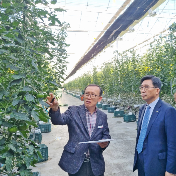 쎄븐팜영농조합법인 현장 방문 사진 * 한국농수산식품유통공사 김춘진 사장(우측)