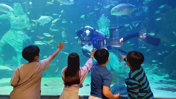 조폐공사 직원과 아이들이 아쿠아리움에서 바다생물을 관람하고 있다.