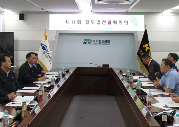 국가철도공단과 한국철도공사 관계자들이 26일 공단 상황실에서 ‘제11회 철도발전협력회의’를 시행하고 있다.