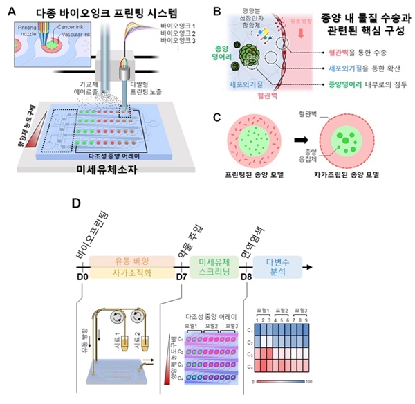 바이오프린팅-랩온어칩 통합 기술과 항암제 효능 평가 기술의 개략도