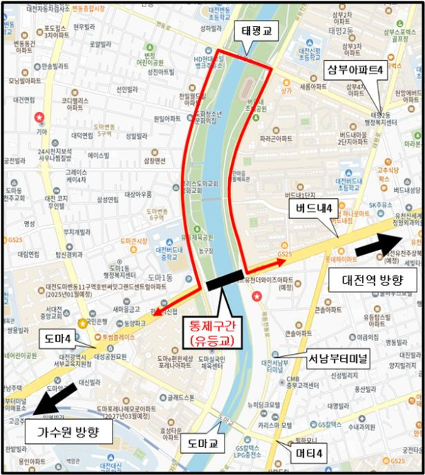 대전시내버스 유등교 우회 노선도(전체 노선, 608번 제외)