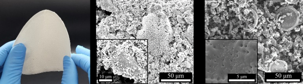 친환경 규조토 필터모습과 1.1 μm 와 100 nm 크기의 미세 폴리스티렌 입자를 필터한 전자현미경 사진