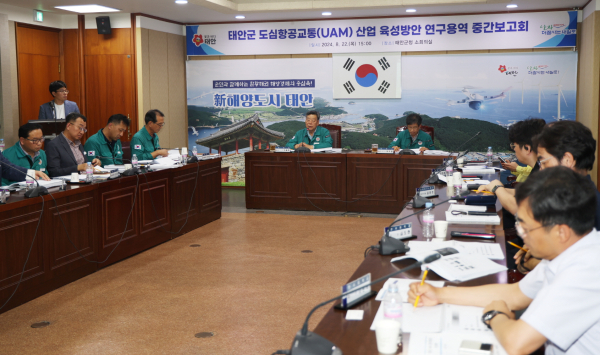 지난 22일 군청 소회의실에서 진행된 중간보고회 모습.