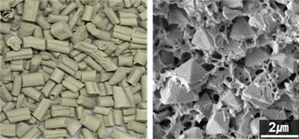 MOF-고분자 복합체 구조의 촉매(왼쪽) 및 내부구조의 전자현미경 사진
