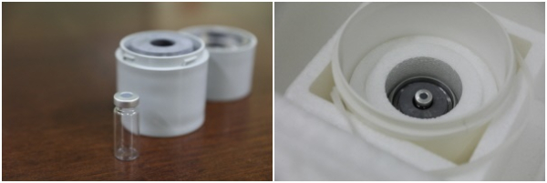 초저온 운송 용기 내부. 중심의 원통형 용기 안에 의약품을 넣어 운송한다.(오른쪽) 실제 의약품을 담는 용기, 내부 모습