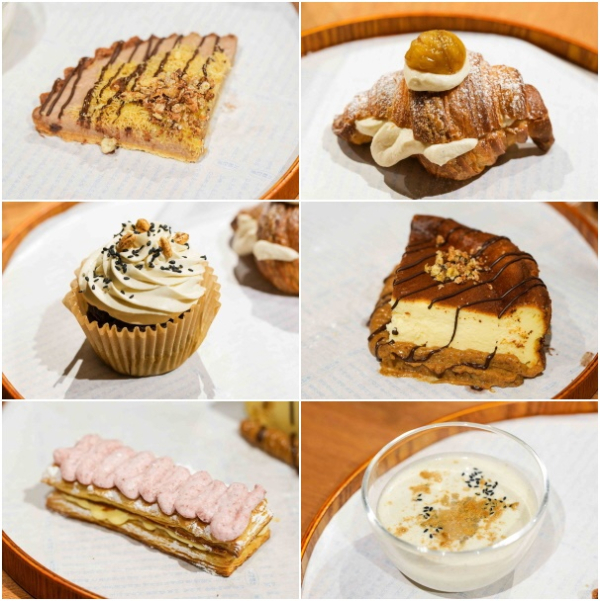 디저트 (윗줄부터) 타르트 ‘가을밤’,  ‘공주밤 크로아상’, ‘늘보리 컵케이크’, 밤 양 케이크’, 밀푀유 ‘에어팥’, 수프 ‘콩당콩당’