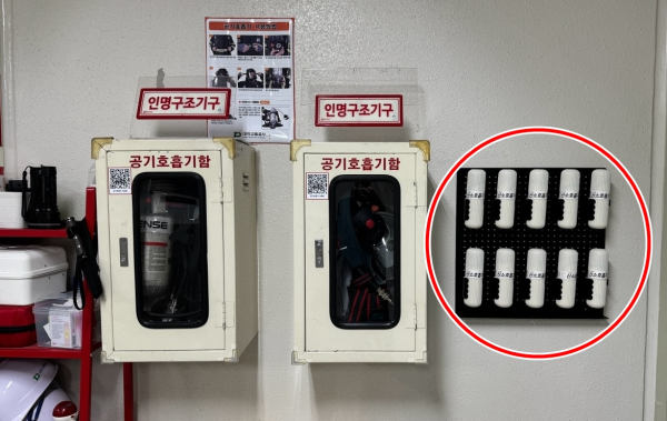 사진은 역무실에 설치된 초소형 산소호흡기(오른쪽 붉은 원)와 기존 공기호흡기 모습
