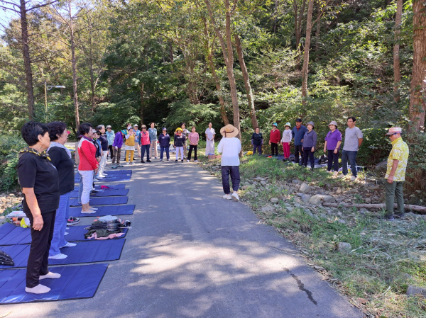 참여자들이 산림치유프로그램을 하고 있다.