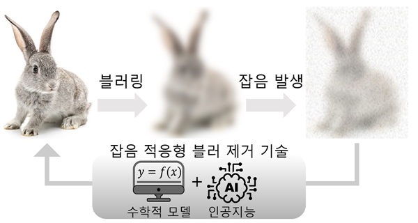영상의 블러링 및 잡음에 의한 손상 과정과 연구진이 제안한 잡음 적응형 블러 제거 기술이 적용되는 과정
