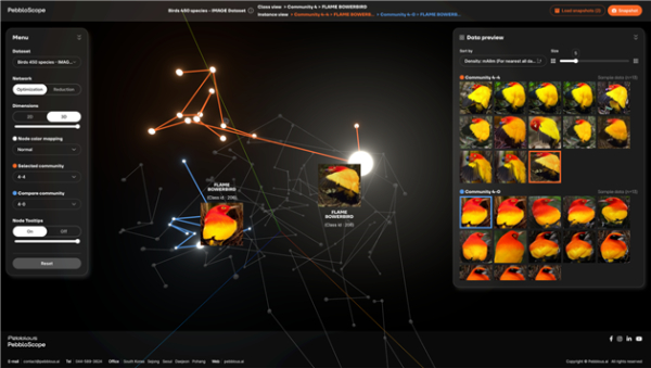 데이터 커뮤니케이션 도구 ‘페블로스코프’를 활용해 데이터 클리닉의 품질 분석 결과를 시각화한 예. 데이터셋 Birds 450 species (Kaggle) (사진제공=㈜페블러스)