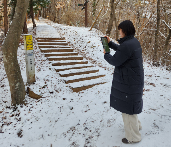 서산시 직원이 부춘산 일원 국가지점번호판을 조사하는 모습