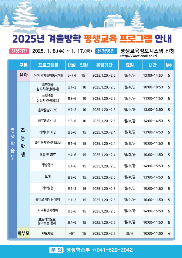 2025년 겨울방학 평생교육 프로그램 수강생 모집 포스터