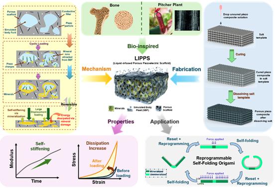 뼈와 벌레잡이 식물에서 영감을 받은 생체 모방 개념, 가역적 강화 메커니즘, 다공성 복합재를 제작하는 공정, 반복 하중 후 강성과 에너지 소산이 증가하는 기계적 특성 변화, 그리고 재 프로그래밍할 수 있는 자가 접힘 메커니즘 및 응용 사례