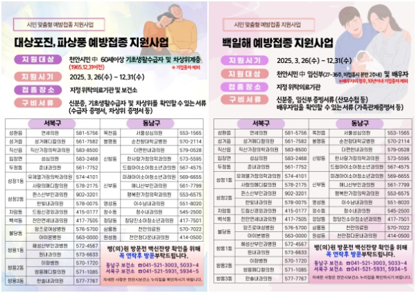 (좌) 대상포진, 파상풍 예방접종 지원사업 안내문, (우) 백일해 예방접종 지원사업 안내문