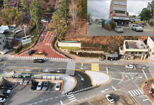 예산고등학교 앞 우회전 차로 공사 후 모습(우측 상단 작은 사진이 공사 전)