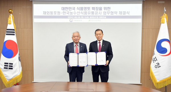 한국농수산식품유통공사-재외동포청 업무협약식 * 홍문표 aT 사장(오른쪽), 이상덕 재외동포청장(왼쪽)