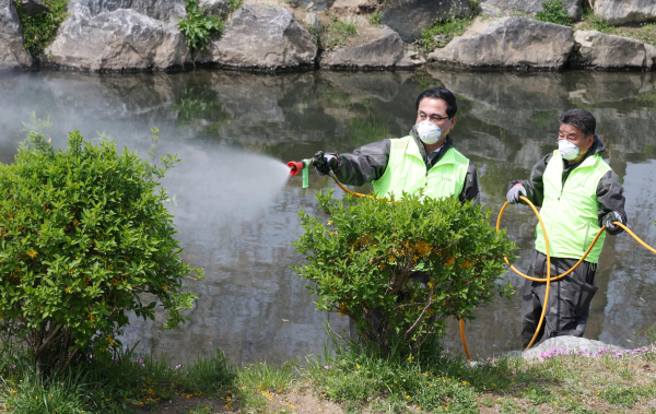 대동천변 일대에서 방역 활동을 실시하는 모습