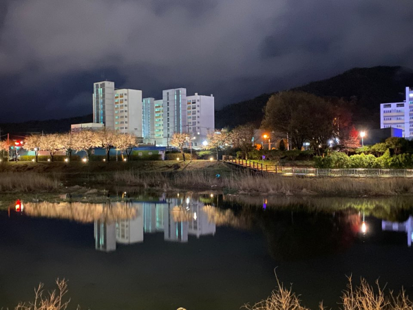 조명이 설치된 청양군 백세건강공원 야간 모습