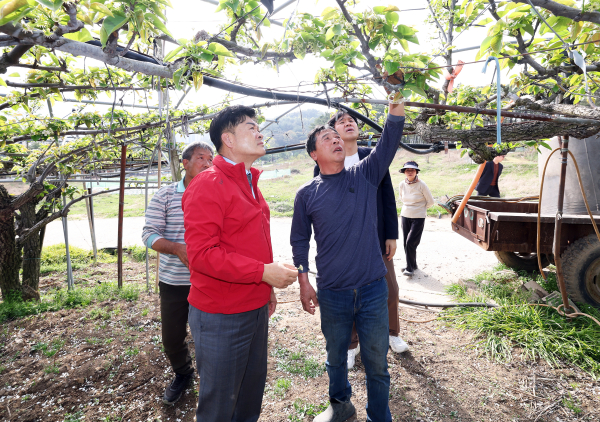 김동수 의장, 유성배 작목농가를 직접 방문해 피해 현황을 점검하고, 애로사항 청취 모습