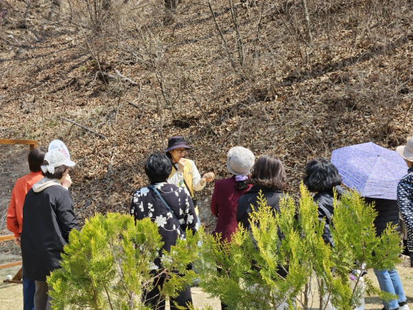유치원 관리자들이 숲해설과 함께 유아숲교육 사례를 듣고 있다.