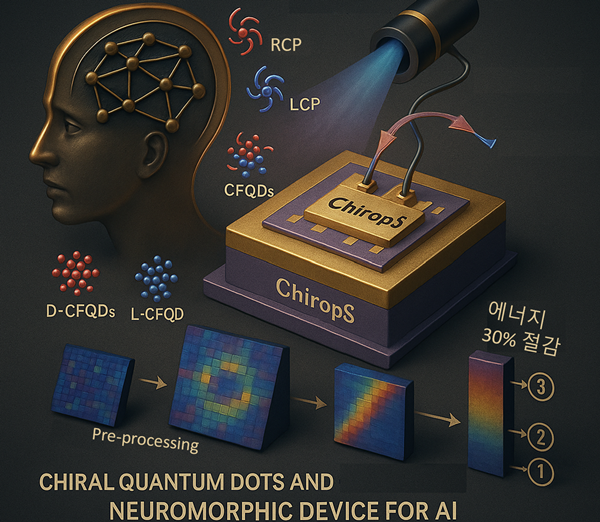 카이랄 자성 양자점을 이용하여 제작한 뇌 모사 뉴로모픽 ChiropS 소자 모식도.