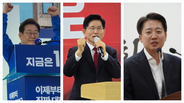 왼쪽부터 더불어민주당 이재명 후보, 국민의힘 김문수 후보, 개혁신당 이준석 후보. (기호순)