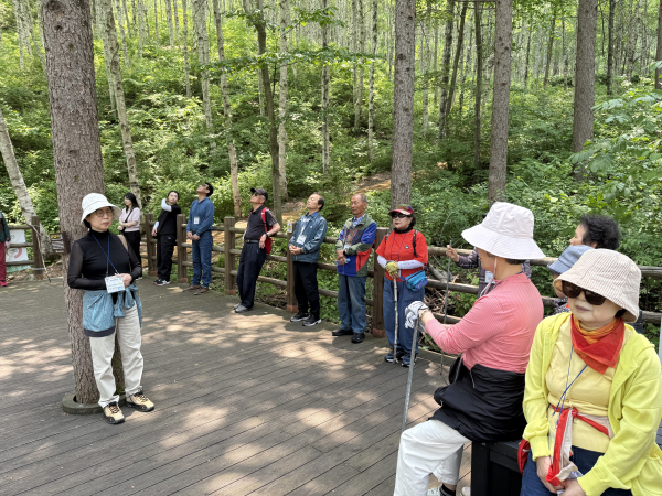 김천시 암생존자 회기형 산림치유 프로그램 중 숲트레킹에 참여하는 모습.