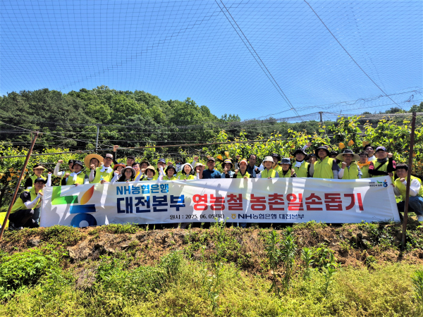 대전본부 임직원, 배 재배 농가서 일손돕기 진행 단체사진