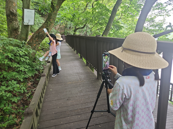 참가자가 「숲을 주제로 한 쇼츠 영상 제작」에 참여하고 있다.