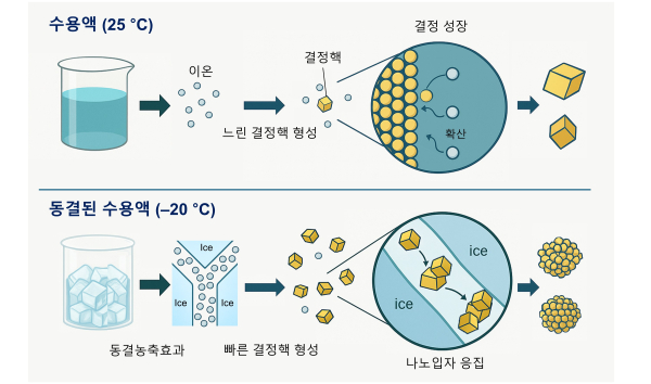 (그림2) 상온 및 동결된 수용액에서 일어나는 광물 형성 메커니즘