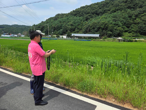 청년농업인 영농지원단의 드론 방제 활동 시연 모습